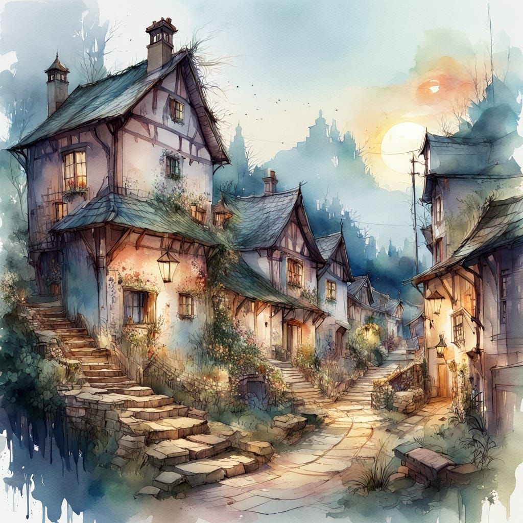 Whimsical Historical Village in Watercolor Painting