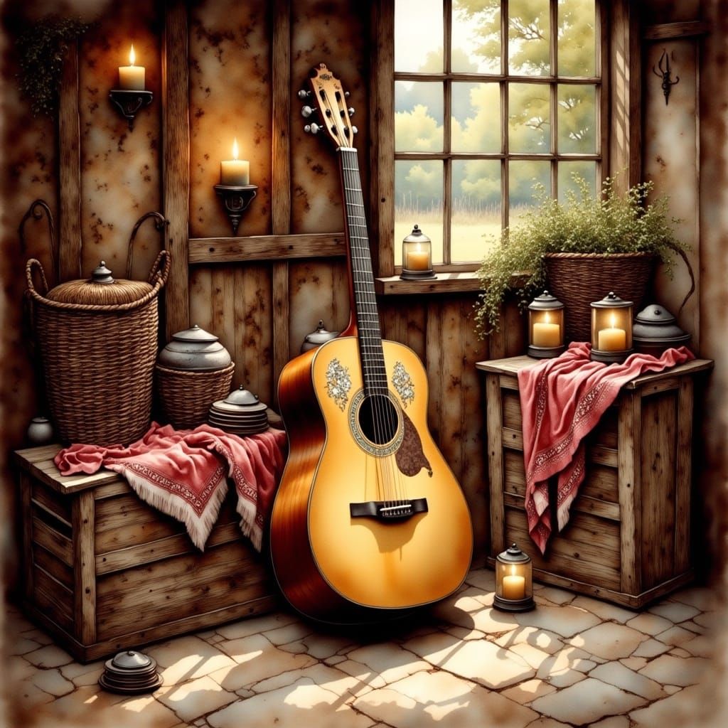 Vintage Guitar in Barn, Antique Watercolor Style