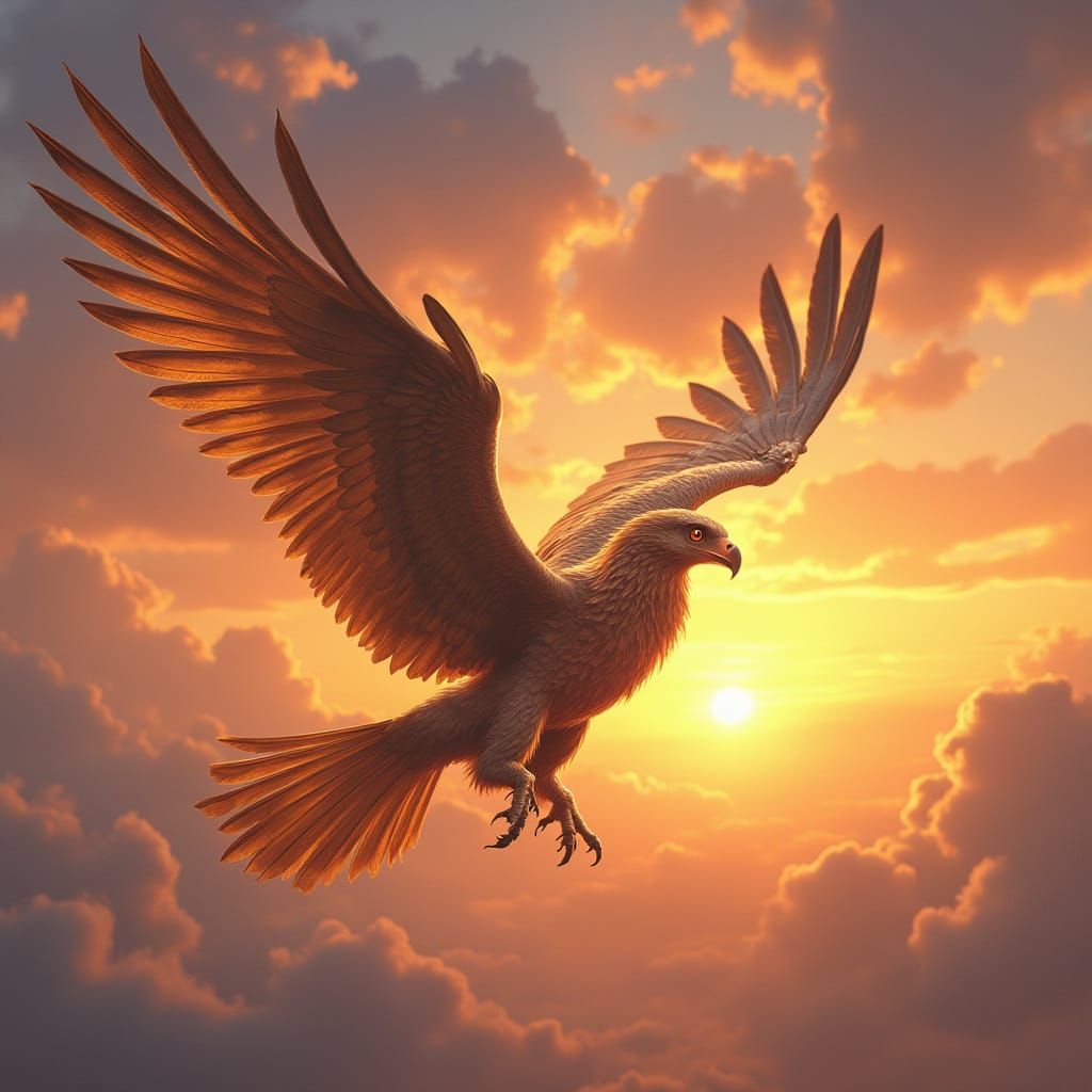 Griffin Soaring Through Sunset Sky in Hyperrealistic Style