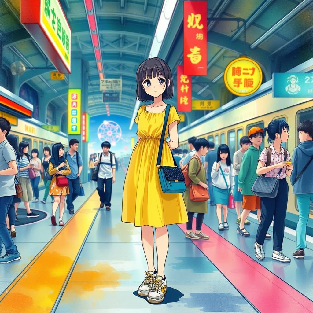 Japanese Girl at Train Station in Anime Style