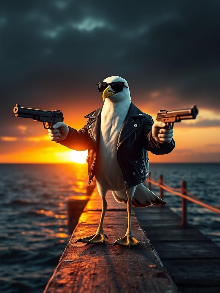 Seagull Gunslinger on Pier in Film Noir Style