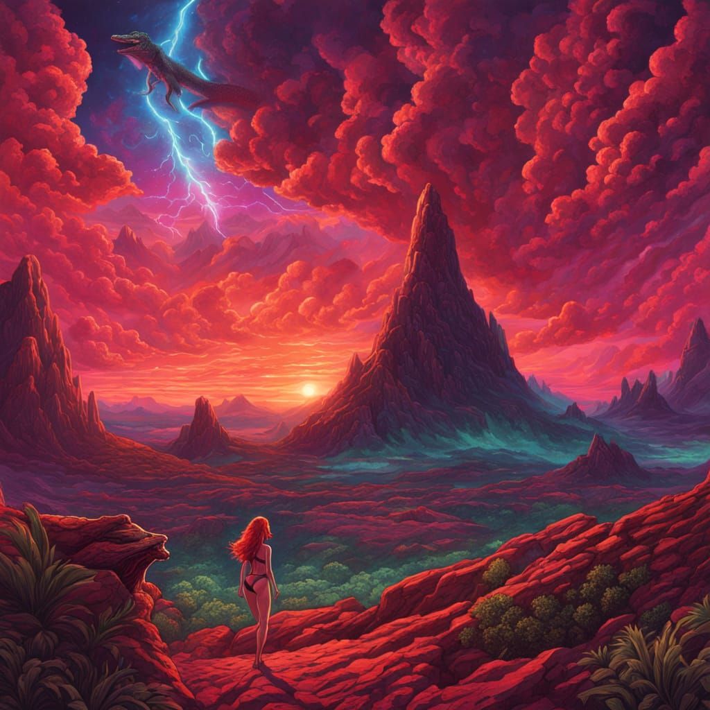 Alien World: Lizard Chases Redhead, Cosmic Illustration