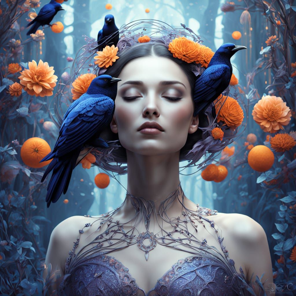 Ethereal Woman Transforms into Birds Amidst Cosmic Energy