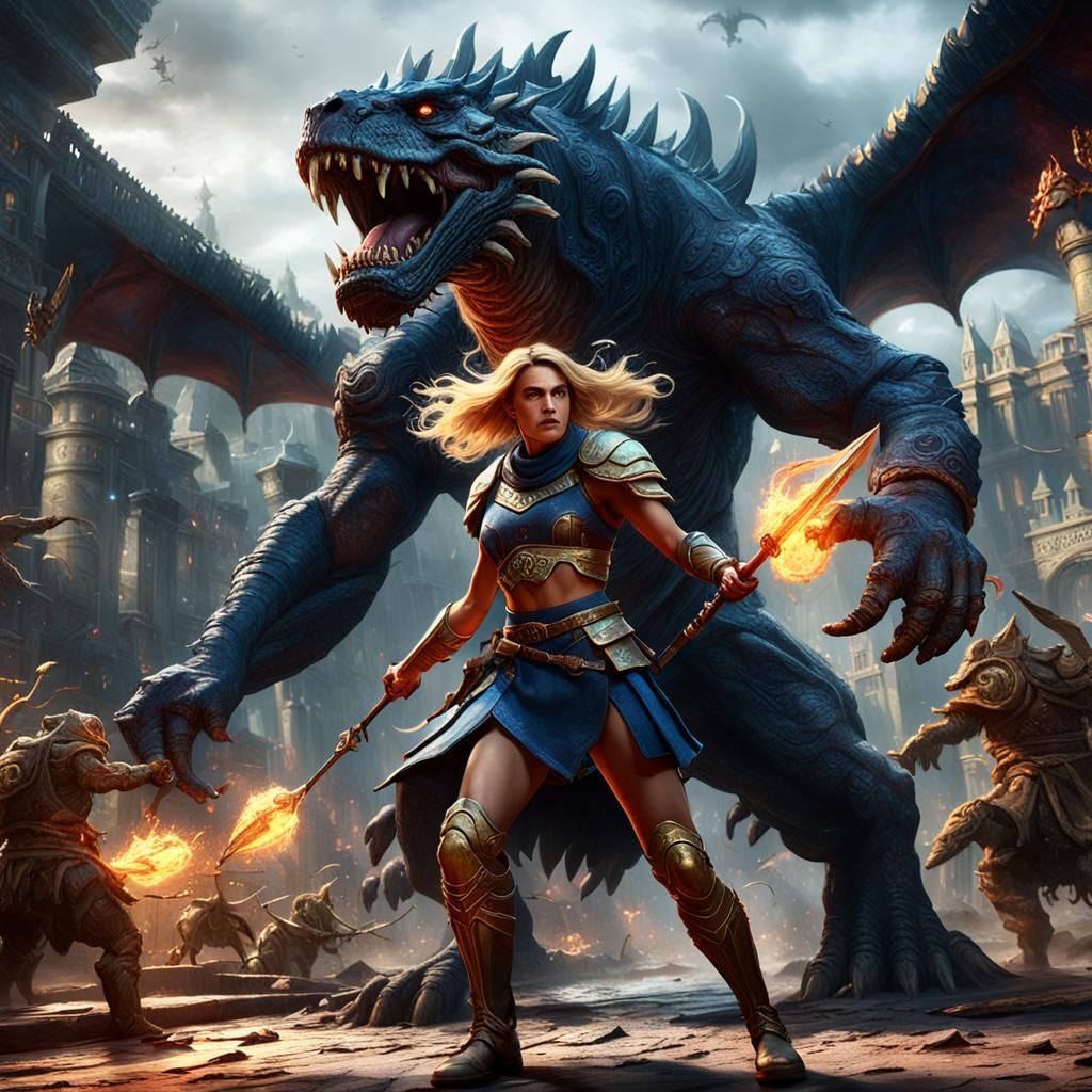 Blonde Warrior Battles Minotaurs: Dark Fantasy Concept Art