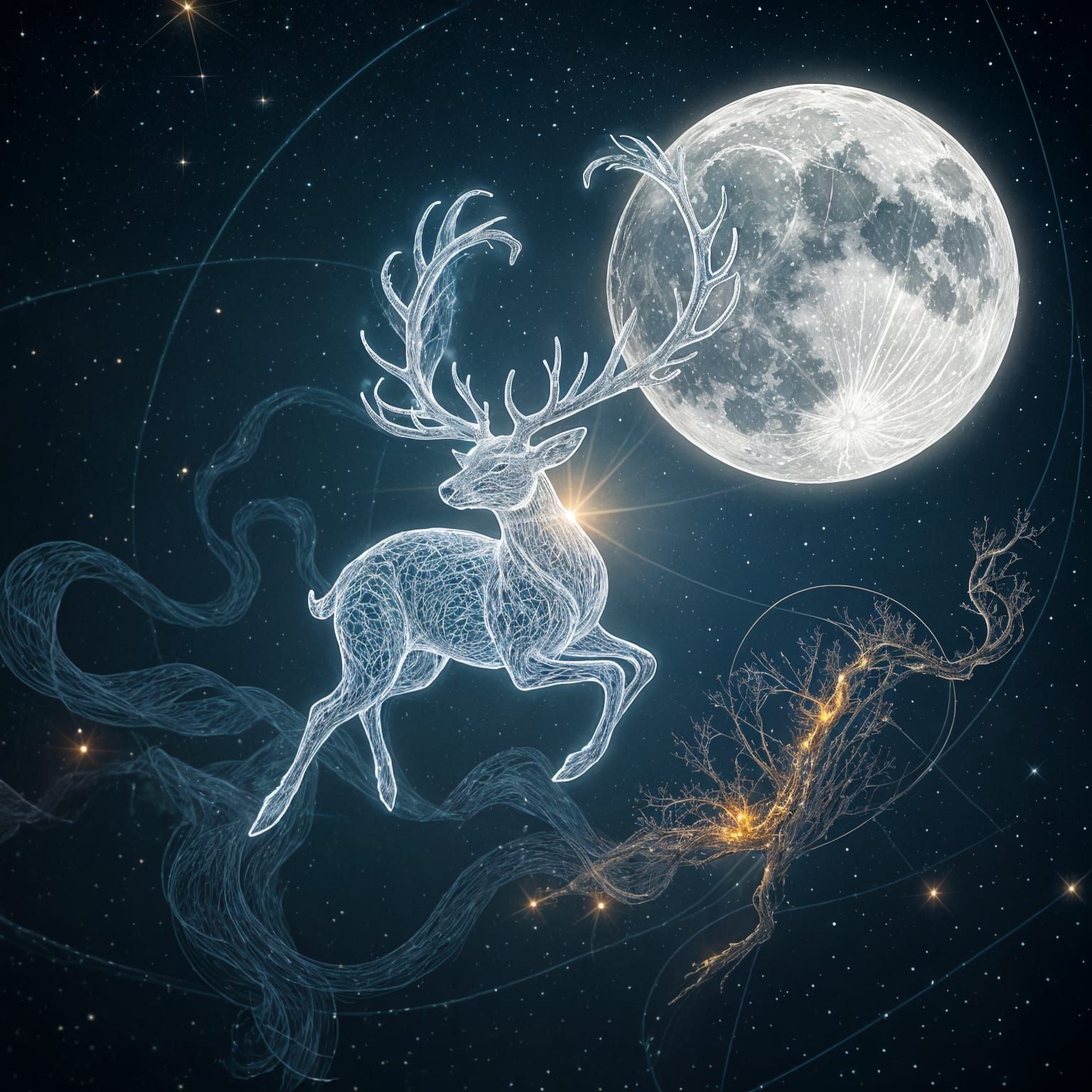 Ethereal Stag Leaping to the Moonlit Sky