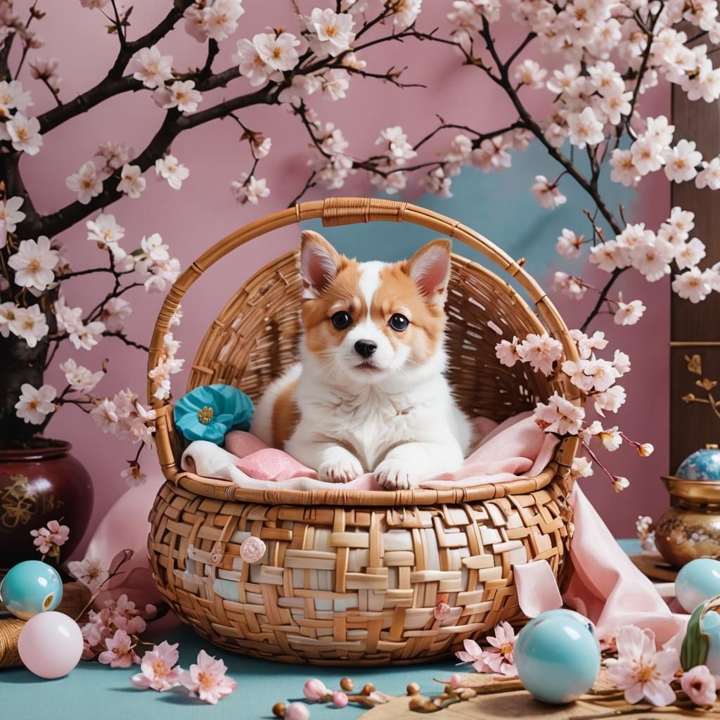 Cute Puppy in Vaporwave Osaka Living Room