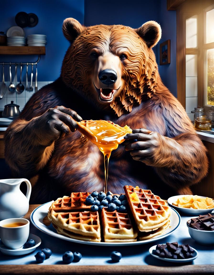 Hyperrealistic Obese Bear Eats Waffles Angrily
