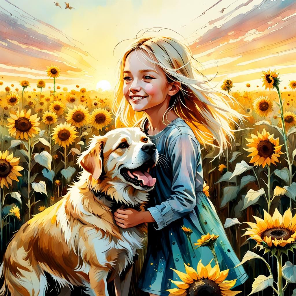Girl and Dog in Sunflower Field: Digital Art
