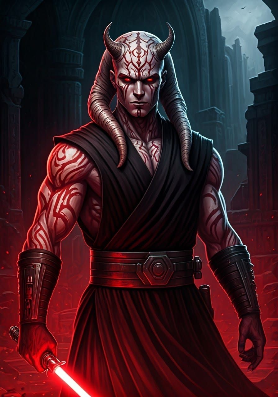 Surreal Sith Lord in Dark Temple Ruins, Cyberpunk Digital Ar...