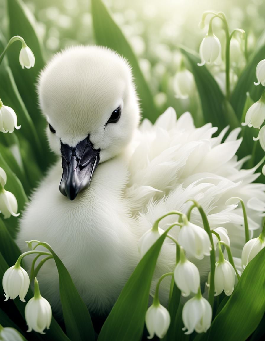 Baby Swan Asleep Under Lily of the Valley