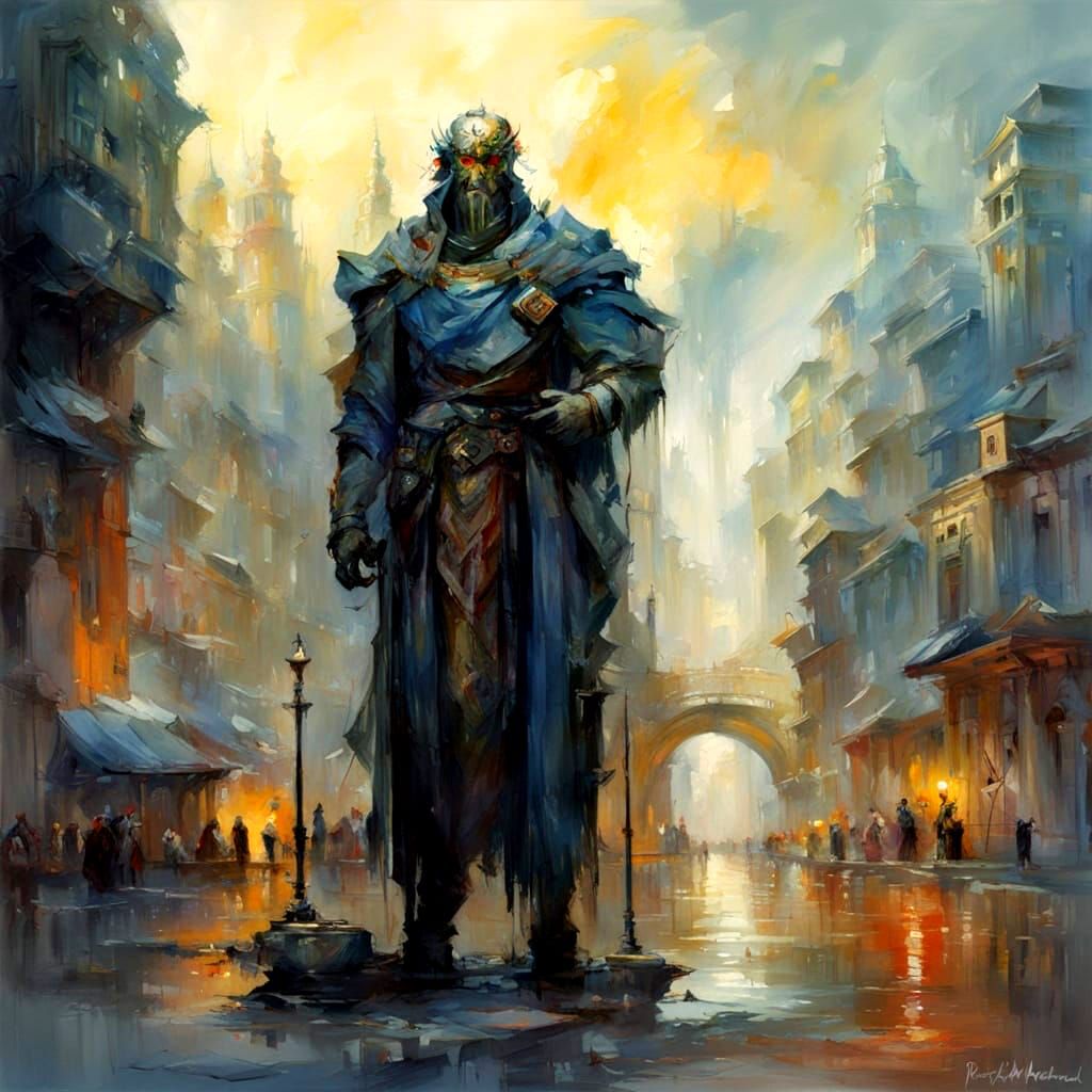 Flamboyant City Watchman in Vibrant Fantasy Landscape
