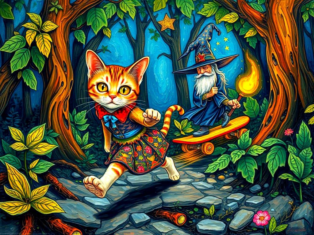 Magical Forest Cat Chasing Wizard on Skateboard, Impasto