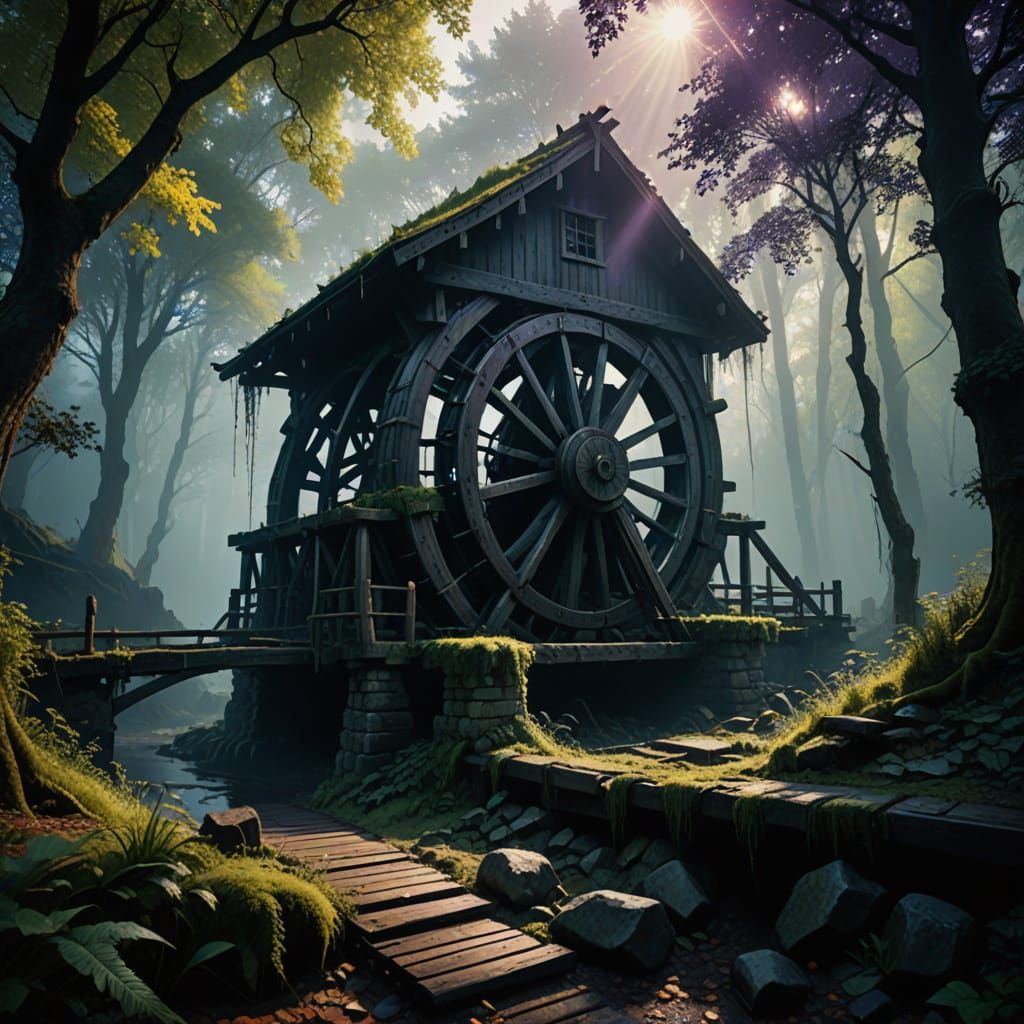 Ethereal Waterwheel in a Misty, Mystical Forest
