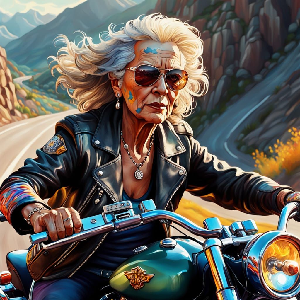 Baroque-Realistic Woman Rides Motorcycle at Sunset