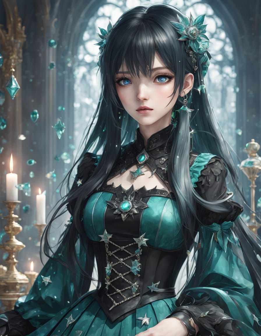 Anime Gothic Girl with Emeralds in Watercolor Style