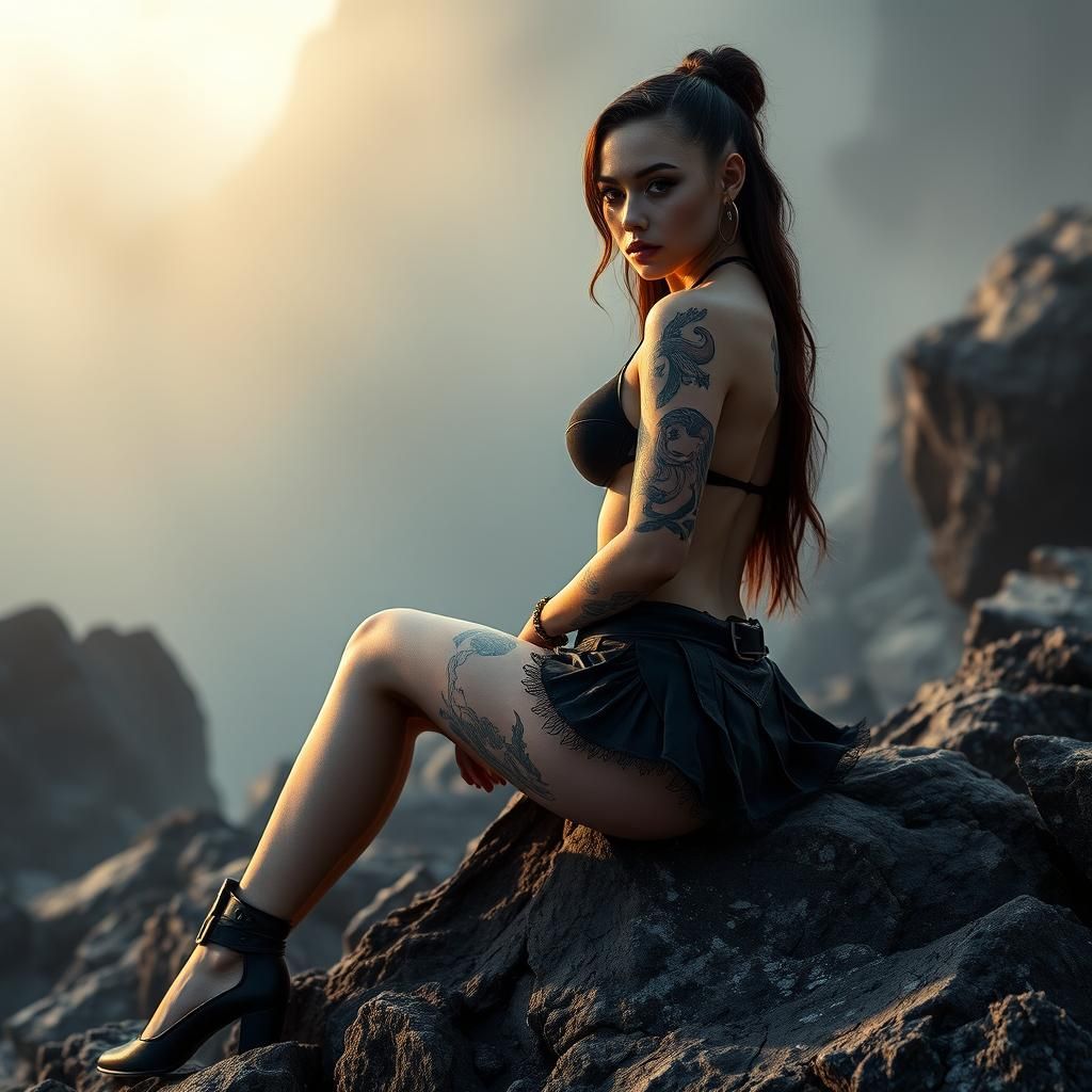 Cybernetic Woman on Rocks in Vintage Digital Style