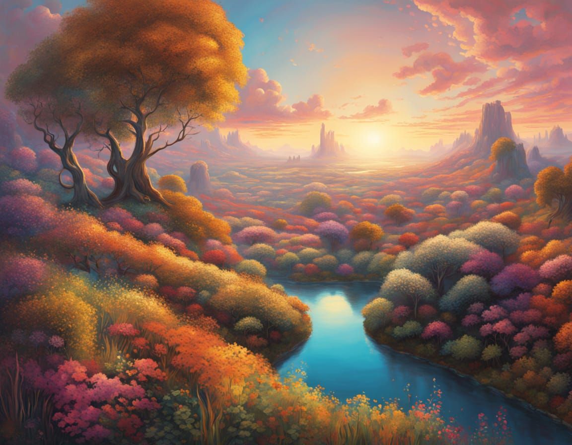 Surreal Acrylic Landscape with Floating Islands and Whimsica...