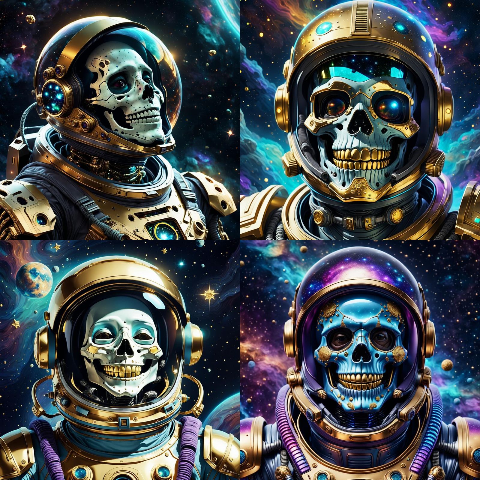 Astronaut Skeleton Smiling in Colorful Deep Space