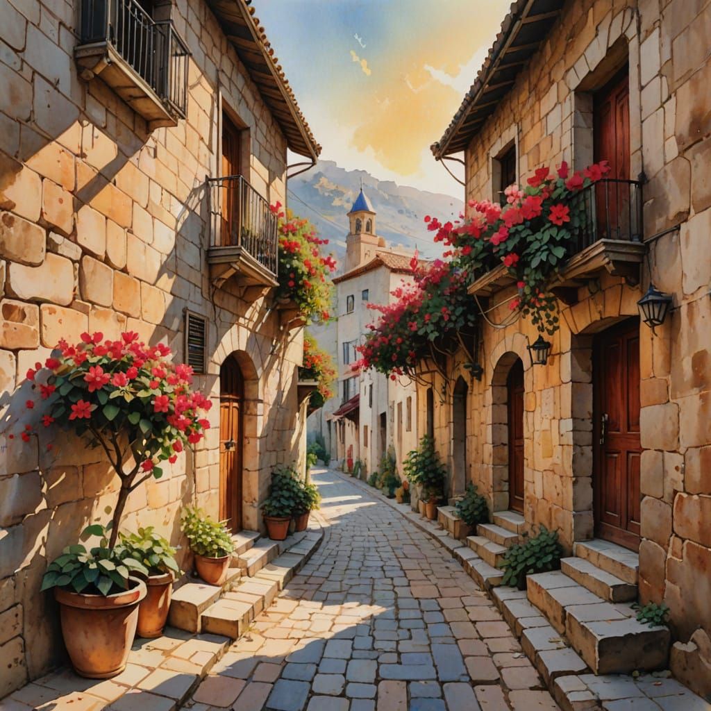 Turkish Cobblestone Street in Soft Watercolor