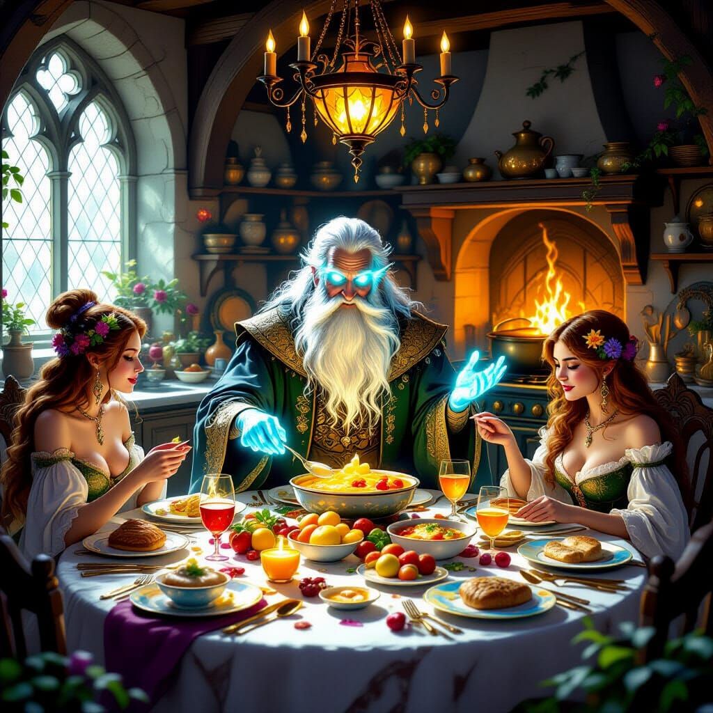 Magical Feast in Enchanted Kitchen with Glowing Foods