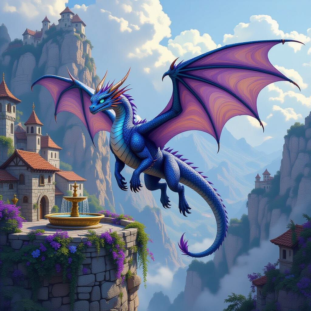 Dragon Soaring Over Medieval Cliffside Town