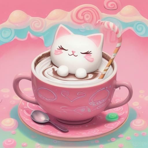Chibi Marshmallow Cat in Hot Chocolate, Kawaii Style