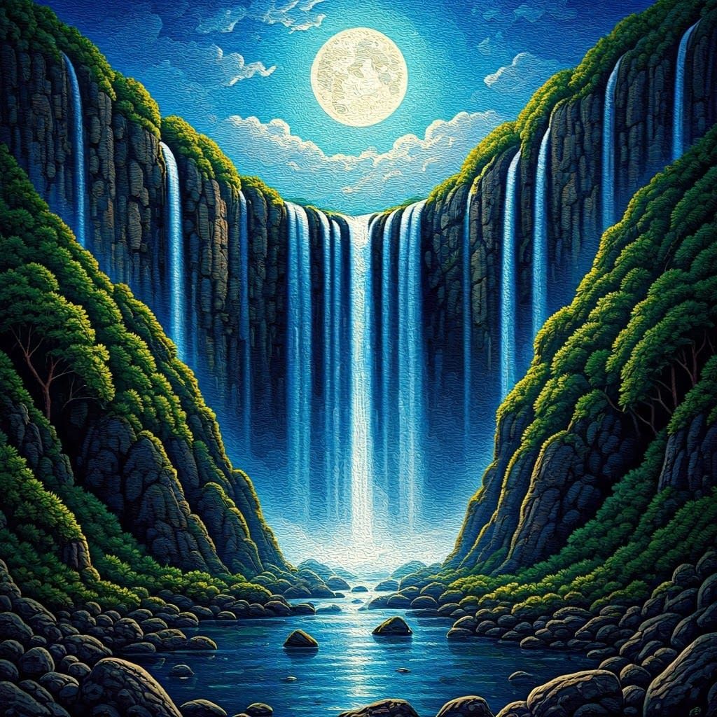 Gemstone Waterfall in Pointillism Style