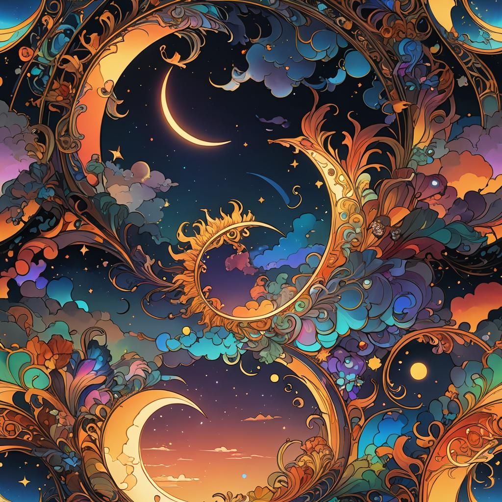Iridescent Sun Crescent Sky Spell in Art Nouveau Style