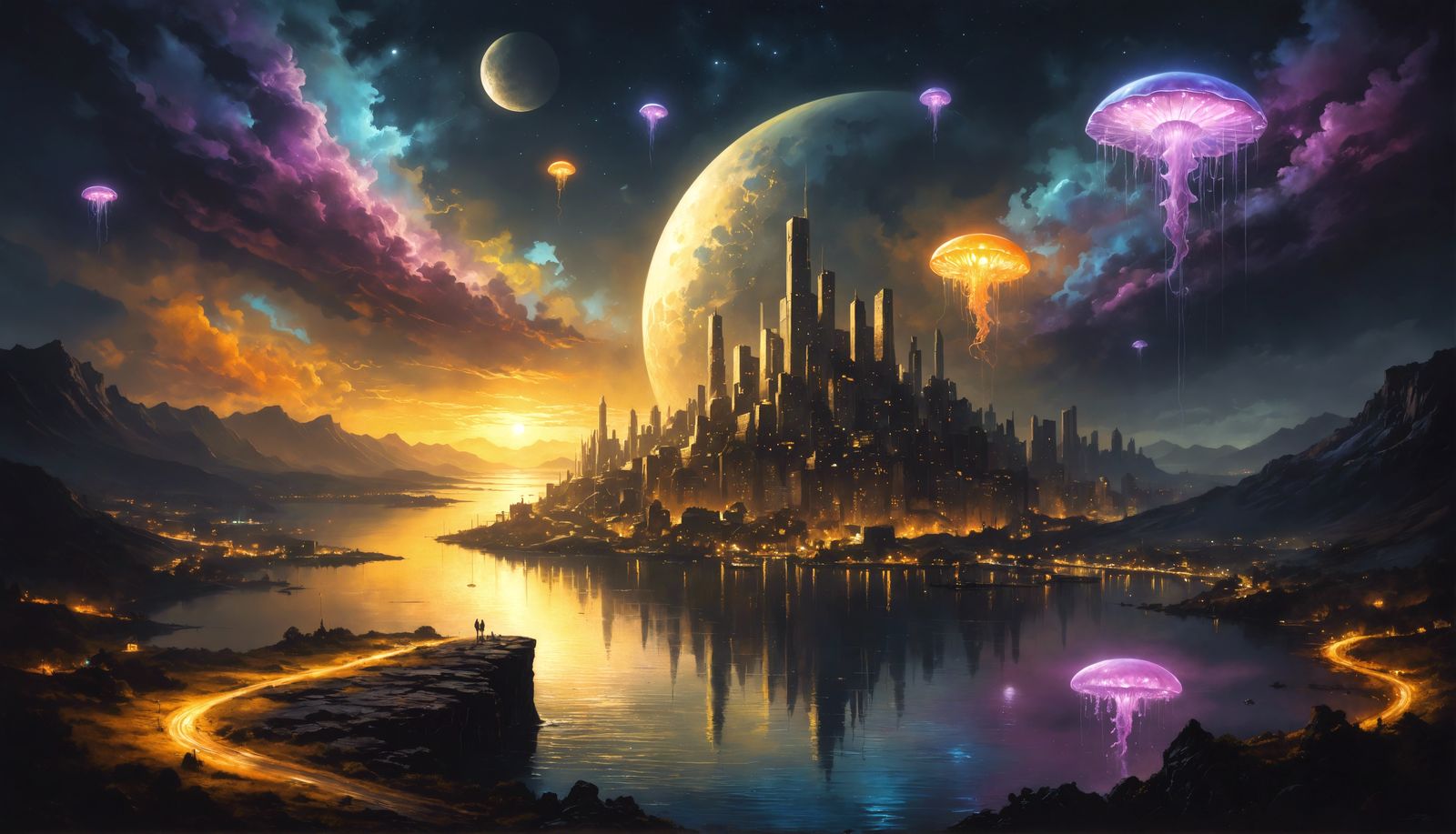 Cyberpunk City at Cliff's Edge: Fantasy Ambiance