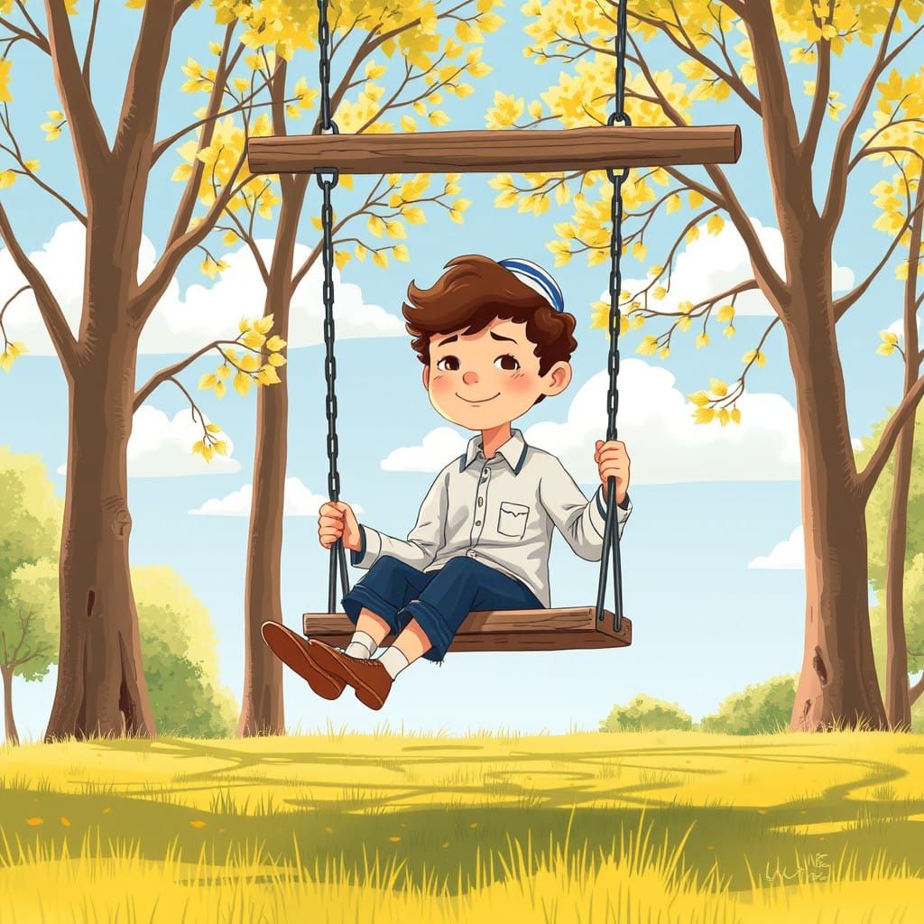 Playful Jewish Boy on a Wooden Swing in Nature