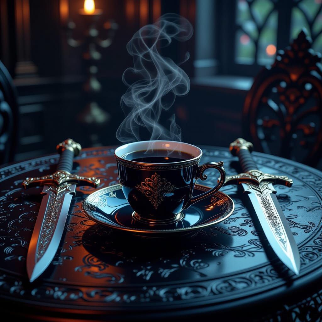 Steaming Coffee and Gleaming Swords on Ornate Table