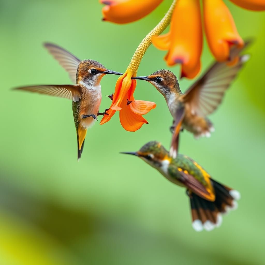 Hummingbirds Feeding on Banana Blossom in Natural Light