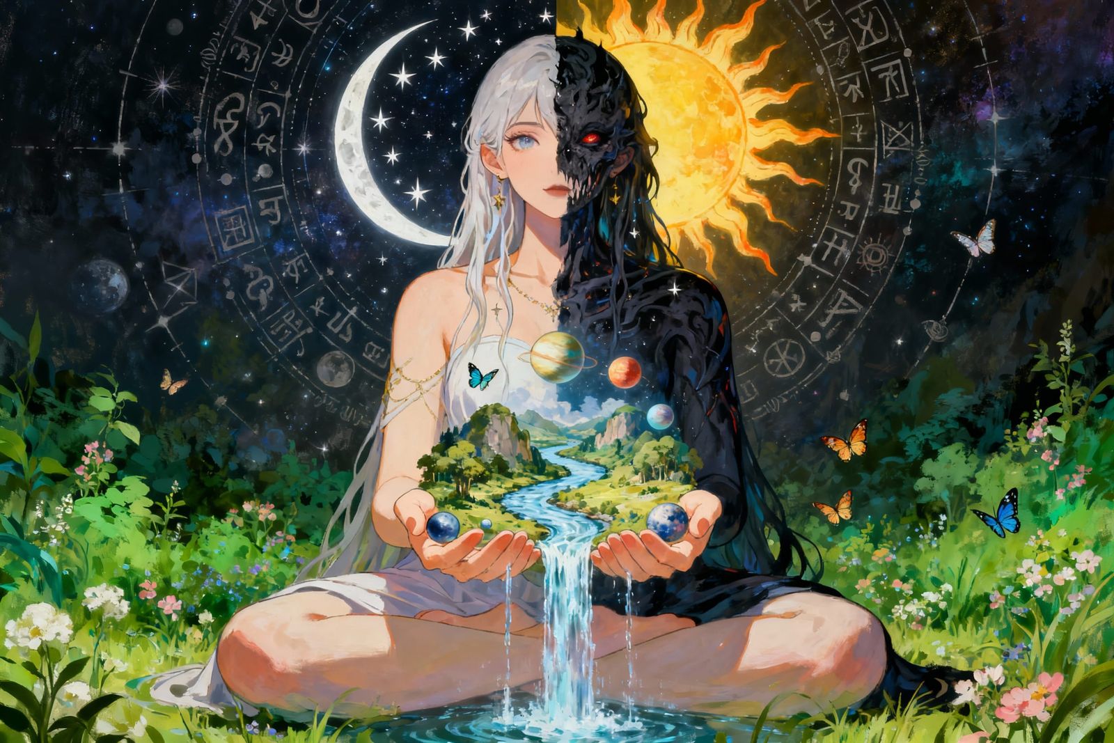 Giant Goddess Holding Landscape in Palms, Celestial & Nature...