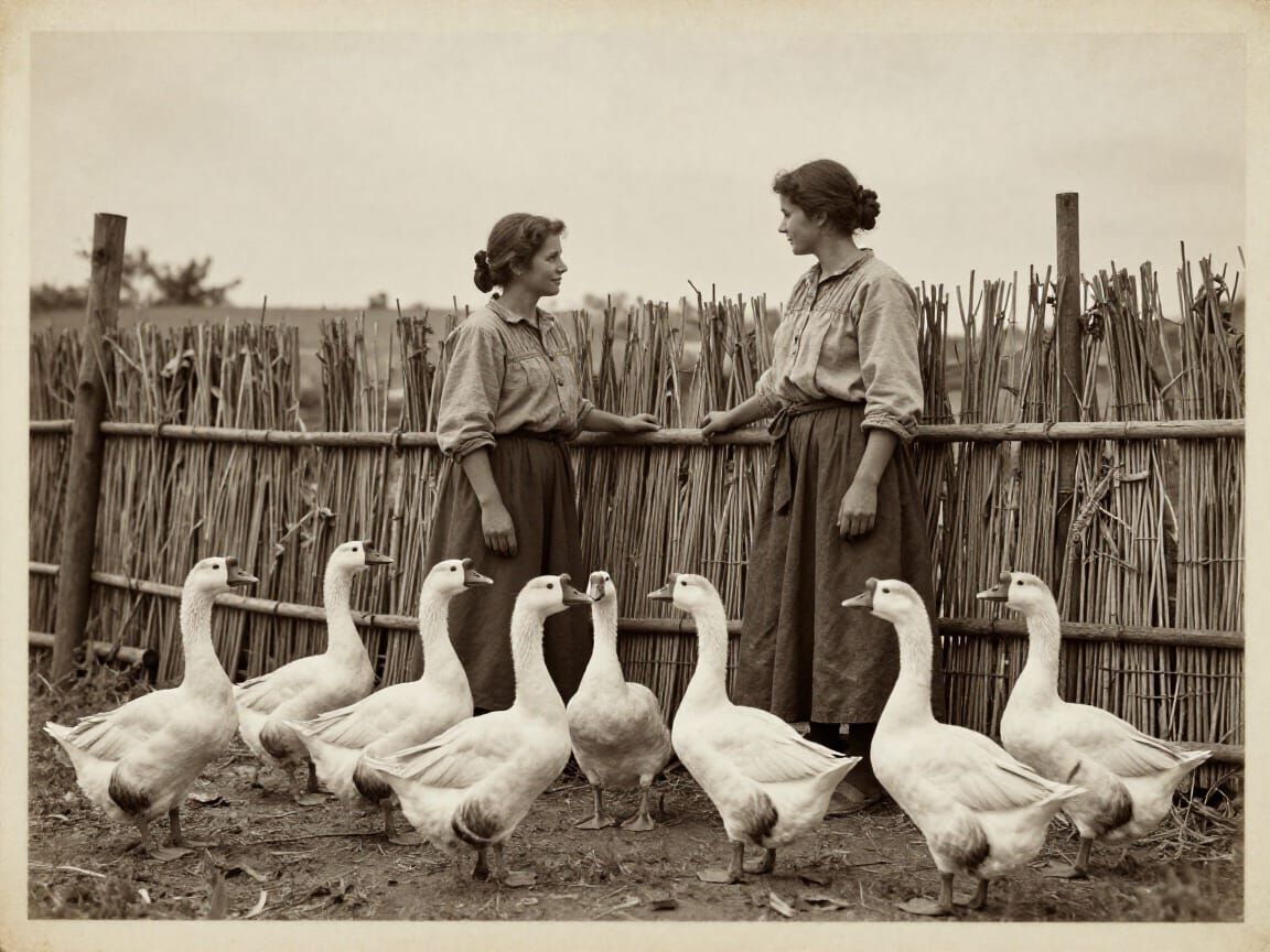 Peasant Women with Geese in Rustic Landscape, Vintage Photo ...