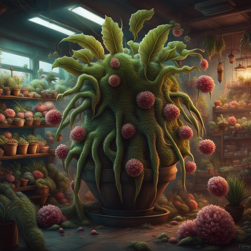 Giant Maneating Plant in Flower Shop Horror Setting