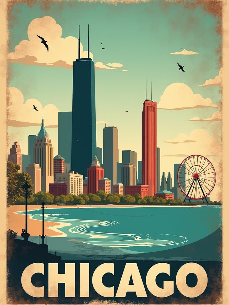 Vintage-Style Travel Poster of Chicago's Iconic Skyline