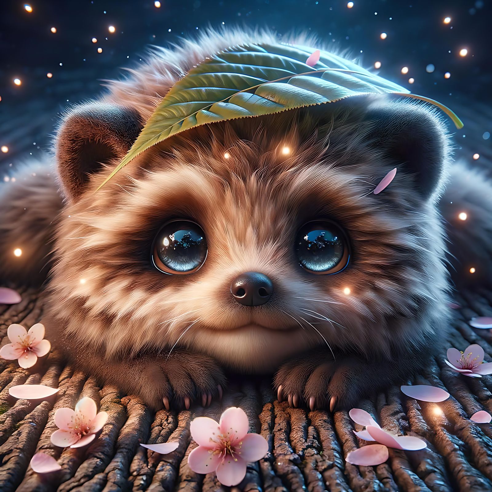 Adorable Tanuki Resting Under Sakura Tree at Night