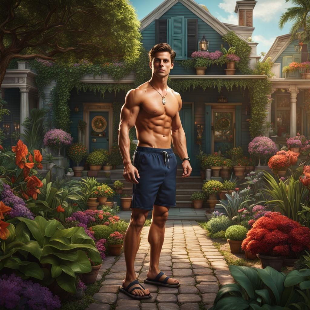 Muscular Man in New Orleans Garden, Detailed Digital Paintin...