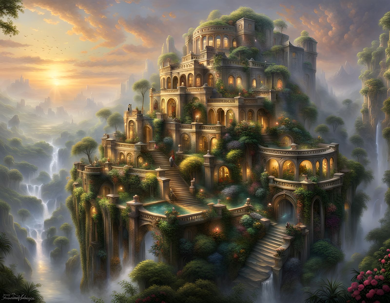 Hyperrealistic Hanging Gardens of Babylon in Vivid Detail