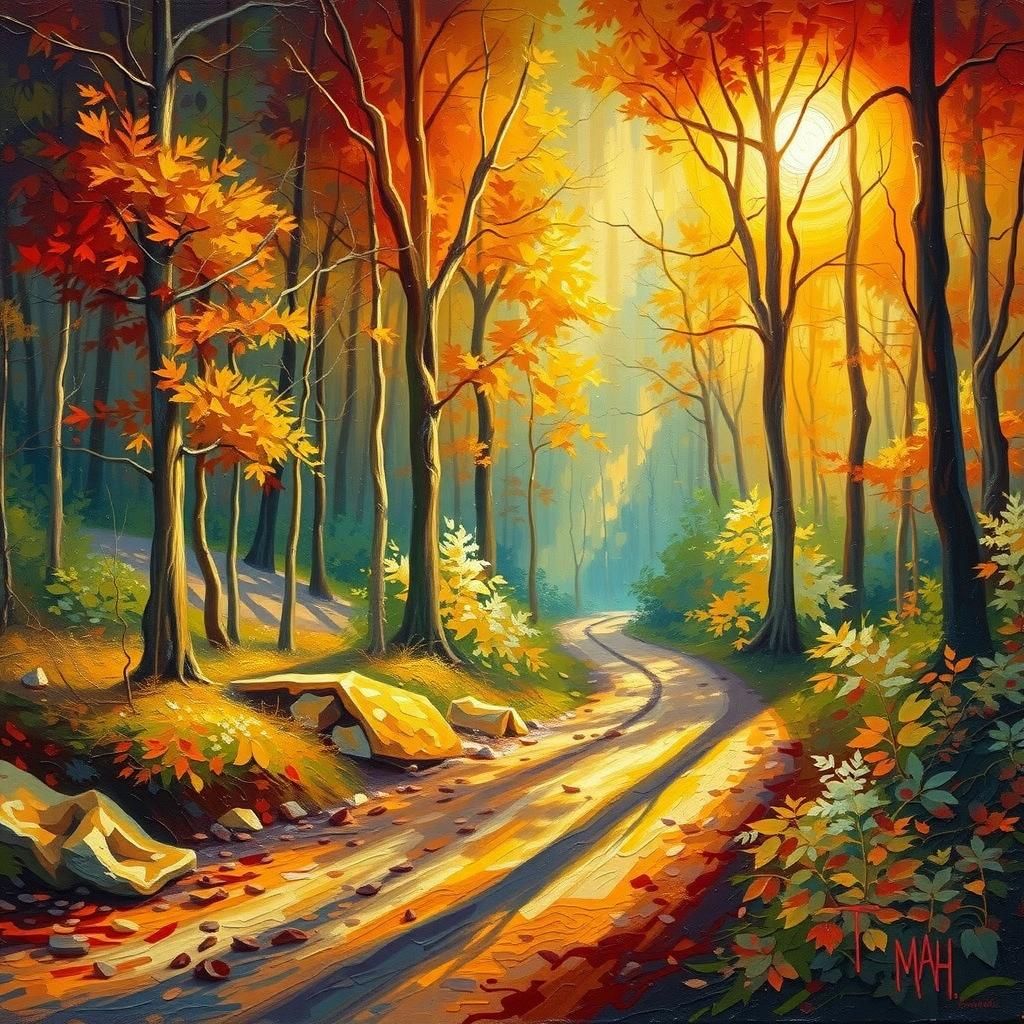 Autumnal Forest Painting with Sunlight and Texture