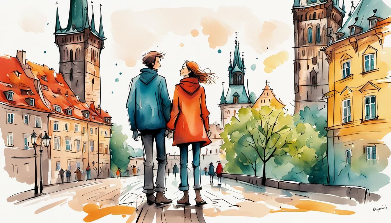 Children Embrace in Prague, Quentin Blake Style