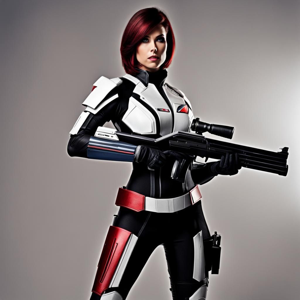 JENNIFER HALE as commander shepard from mass effect with n7 armor and a shotgun