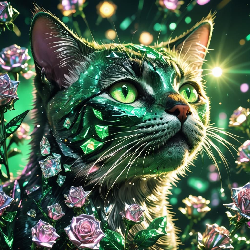 Cyberfunk Cat with Diamond Roses in Neon Light