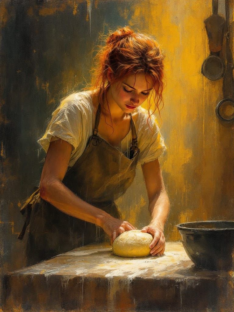 Baker Kneading Dough in Luminous Kitchen