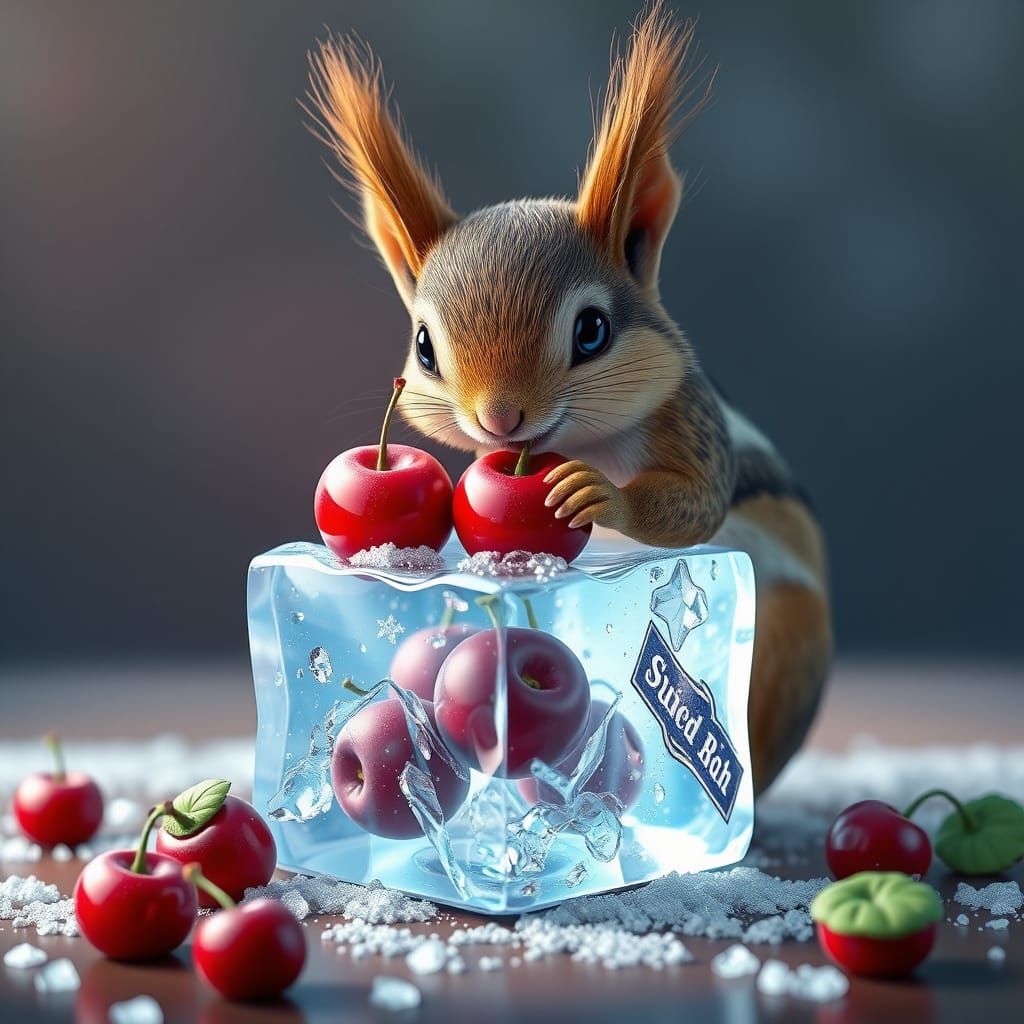 Cherries in Ice Cube Scene in 3D Anime Style