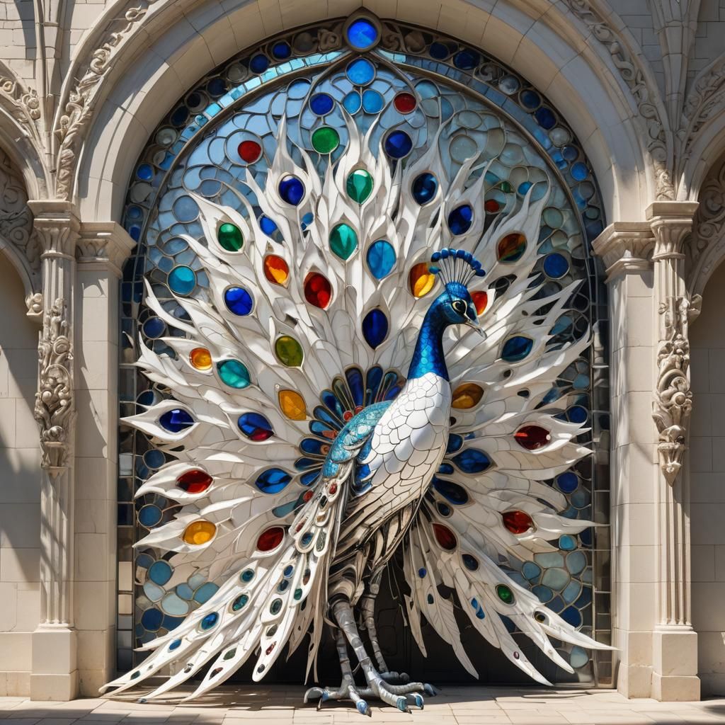 Biomechanical Peacock with Stained Glass Tail
