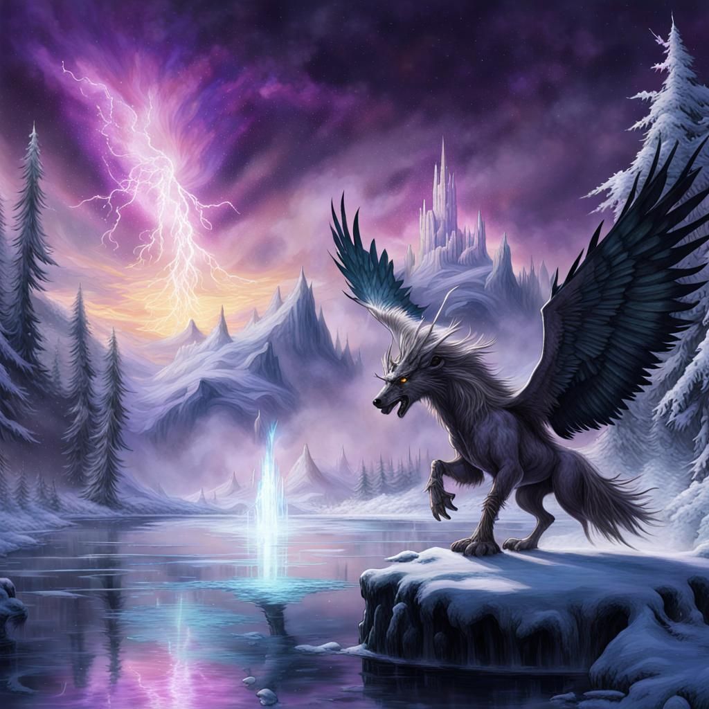 Wizard Summons Hippogriff From Aurora Borealis: Dark Fantasy...