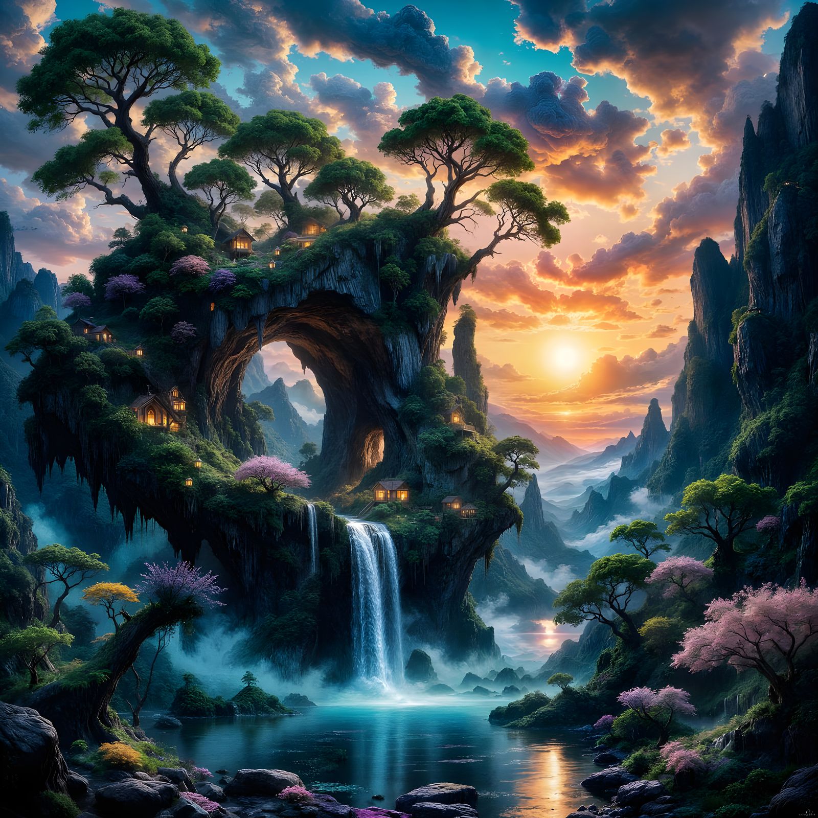 Surreal Floating Island Paradise with Bioluminescent Waterfa...