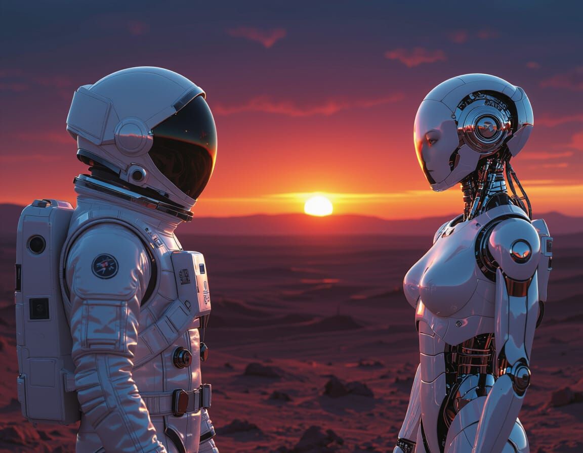 Astronaut and Android Explore Alien World at Sunset