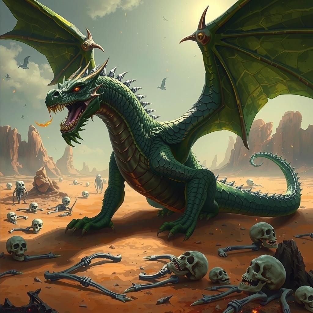 Green Dragon in Arid Wasteland, Fantasy Art